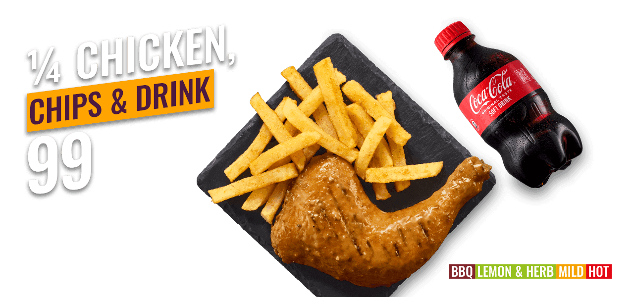Flame-Grilled 1/4 Chicken, chips and drink