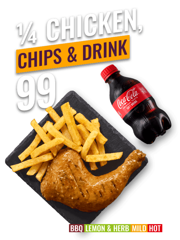 Flame-Grilled 1/4 Chicken, chips and drink