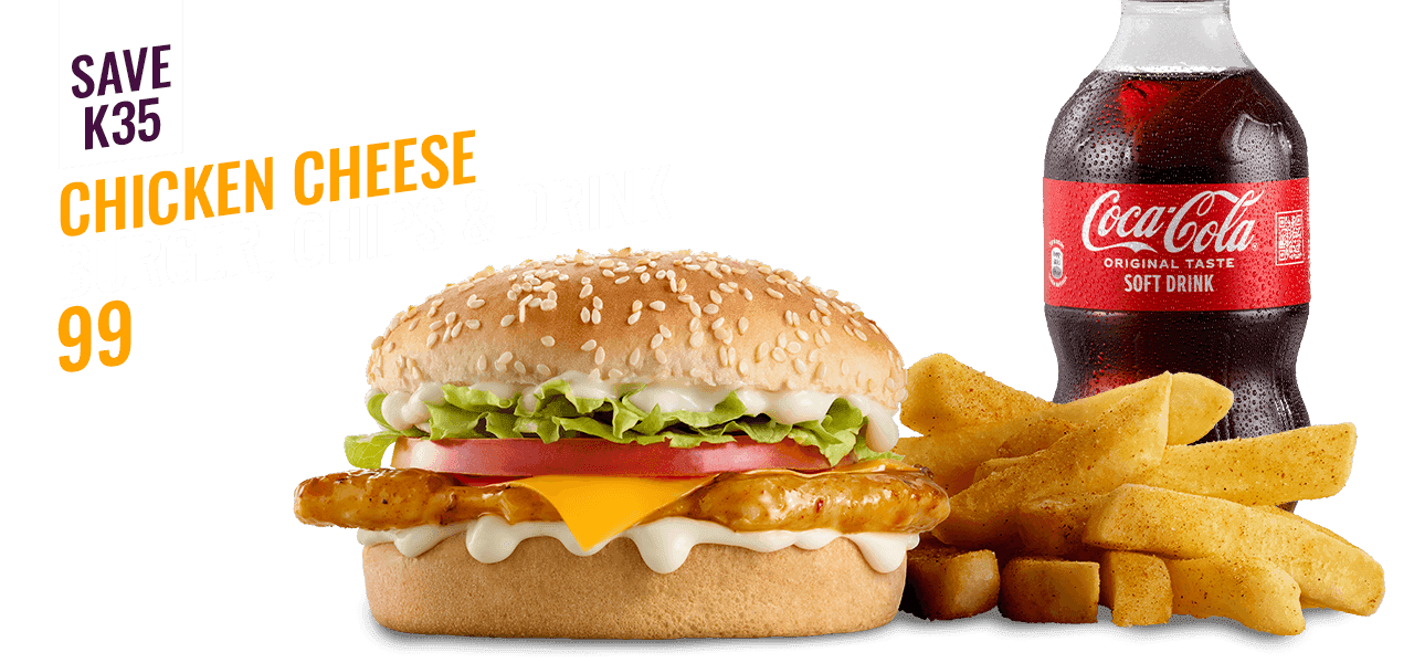 Chicken Cheese Burger with chips and drink